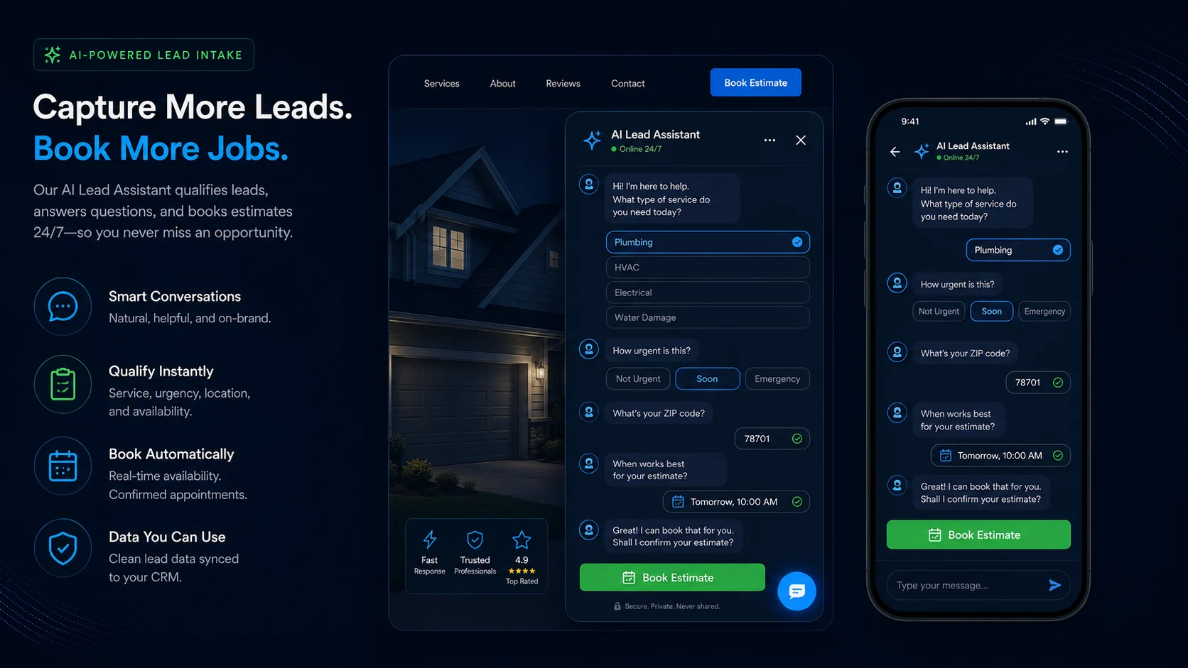 AI-powered lead assistant qualifying service type, urgency, ZIP code, and estimate time for a home services company