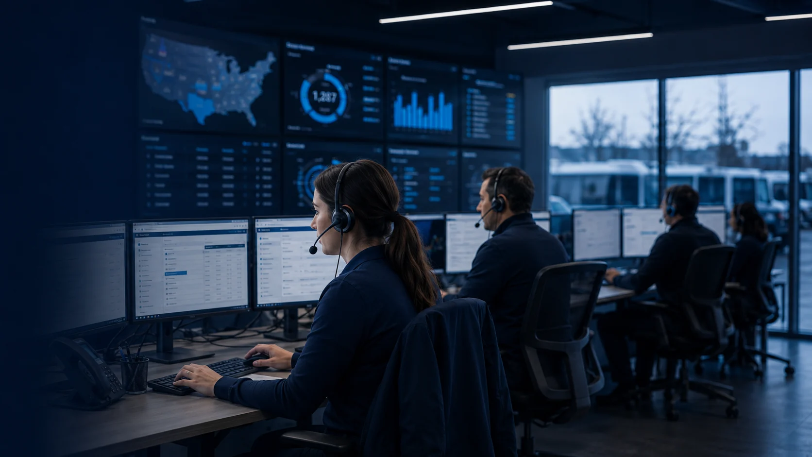Dispatch and inside sales team managing home services leads in a modern operations center