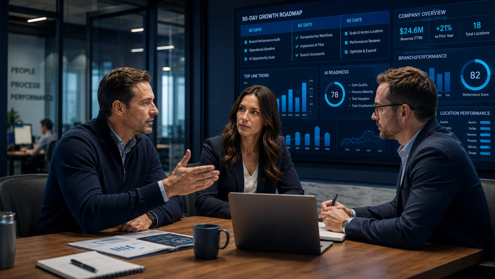 Executive strategy meeting reviewing a 90-day growth roadmap and performance dashboard