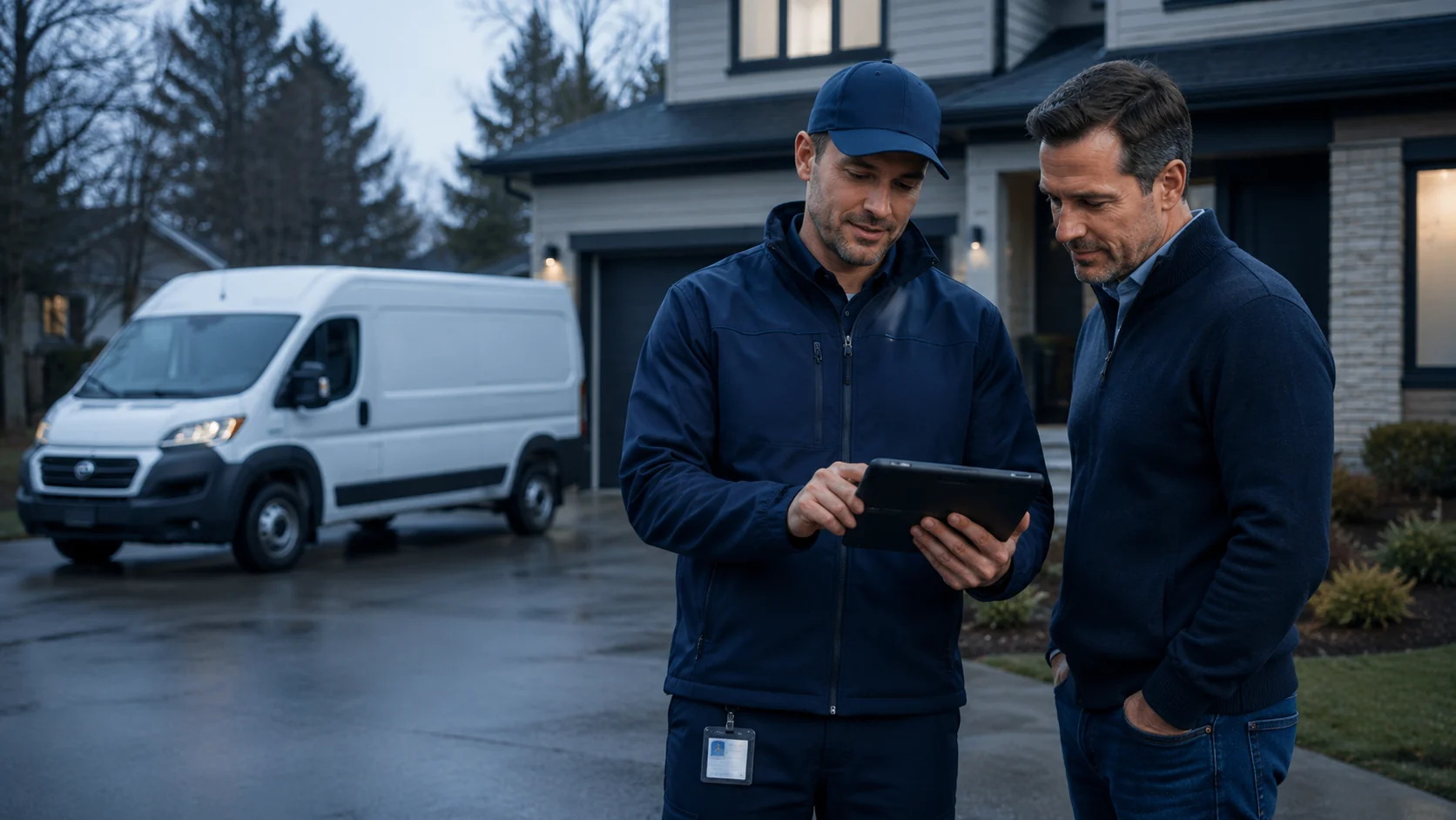Home services technician reviewing service details on a tablet with a homeowner